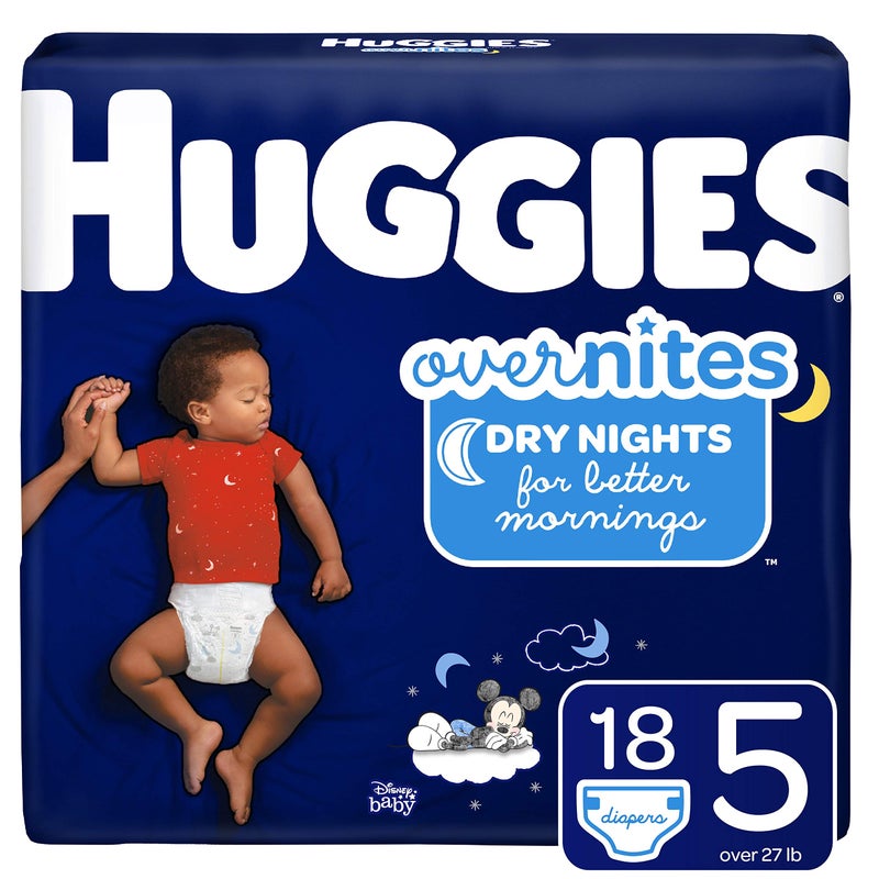 HUGGIES OverNites Diapers, Size 5 (27+ lb.), 18 ct, Overnight Diapers, Jumbo Pack (Packaging May Vary) - Image 1
